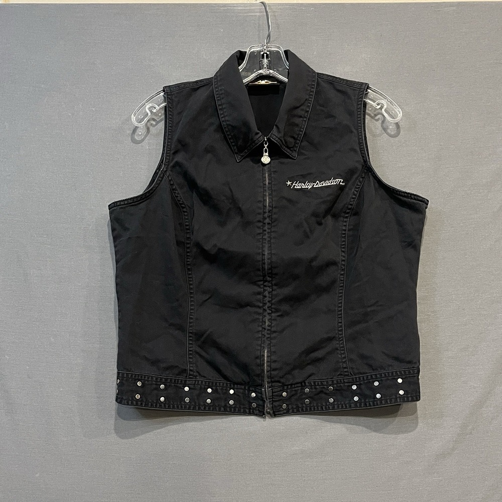 Harley-Davidson Zip Up Denim Vest Women's Large Eagle Flag Embroidered Appliqué